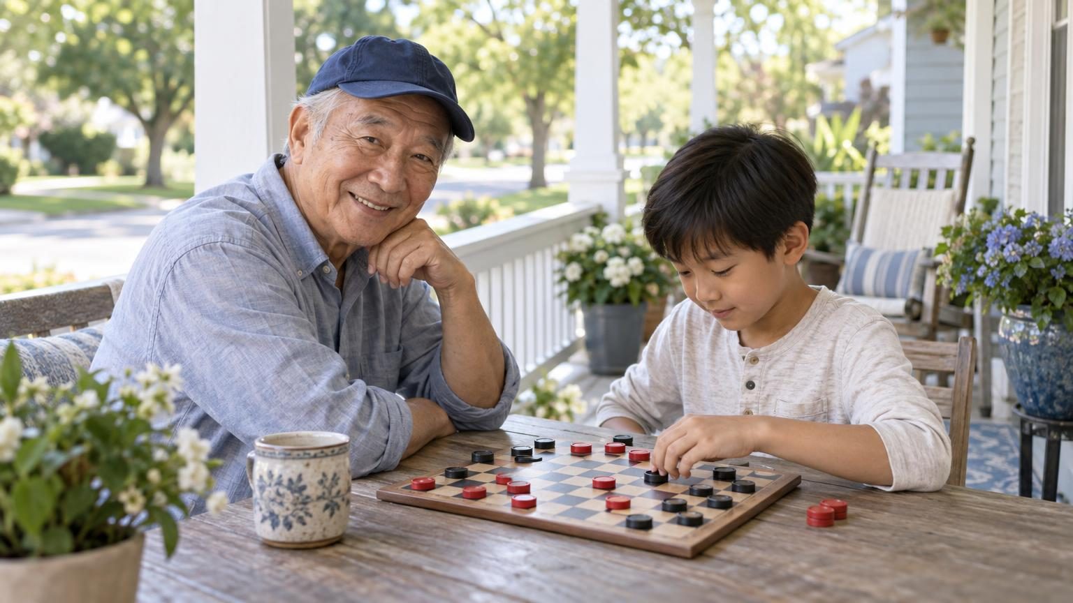 Smiling grandfather playing checkers with his grandson on the front porch