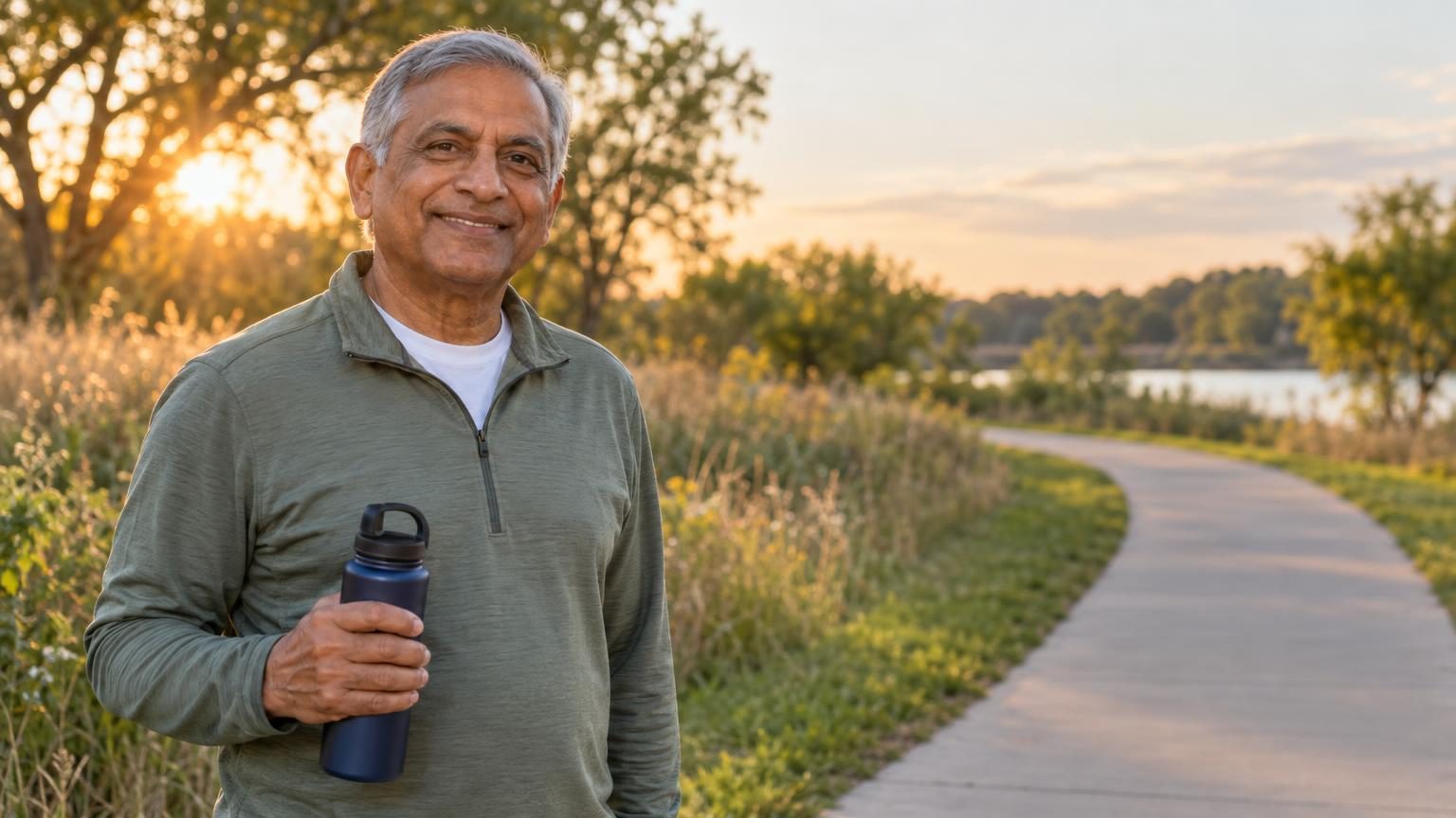 Older man pausing with a water bottle on a prairie walking trail at sunset