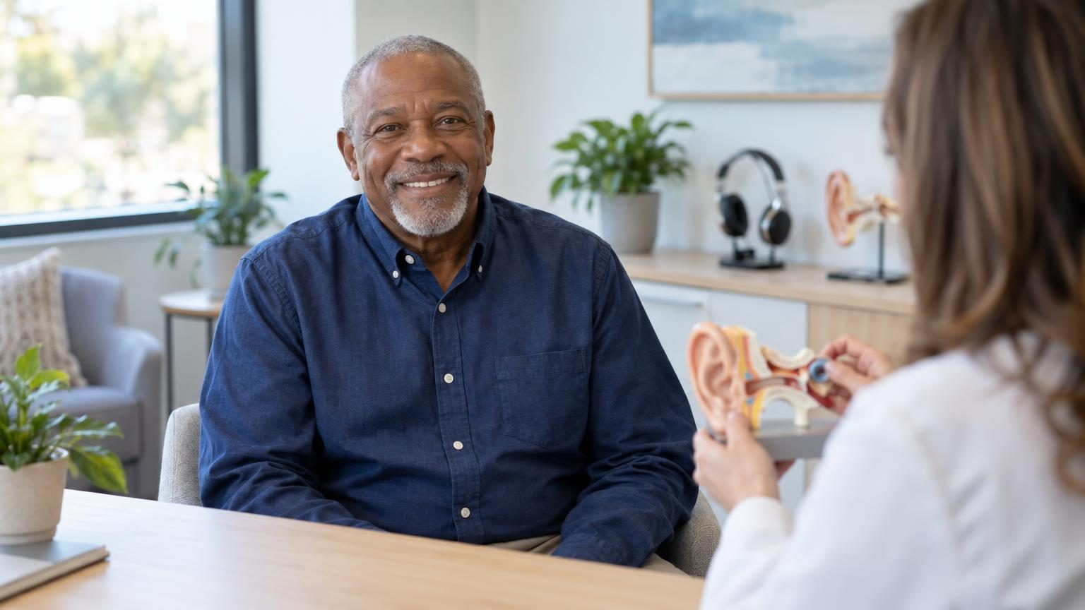 Smiling older man in a hearing consultation while an audiologist explains an ear model