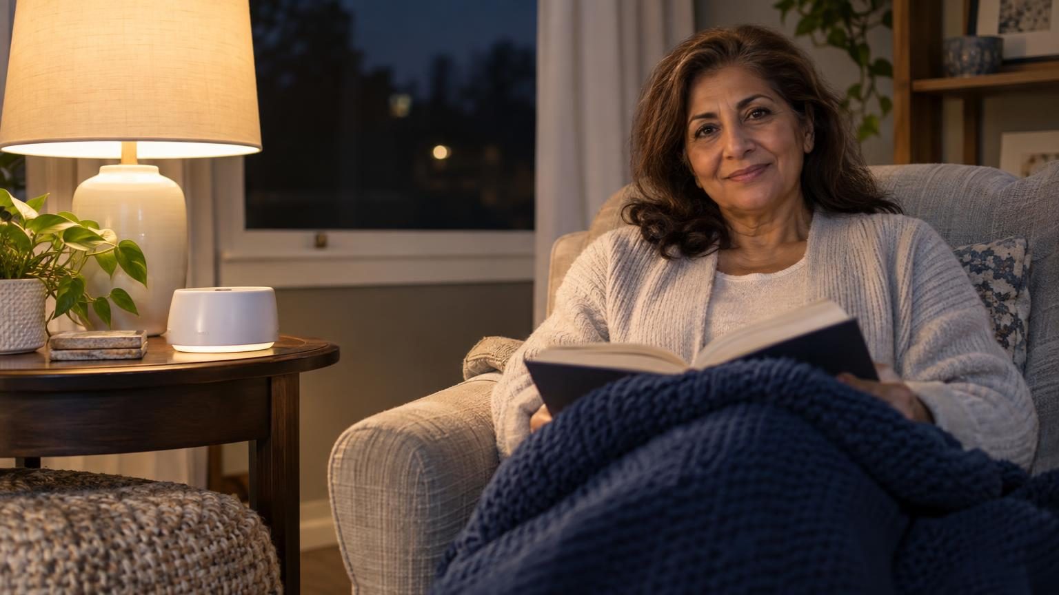 Calm older woman reading in a lamp-lit armchair at night, with a white-noise machine on the side table