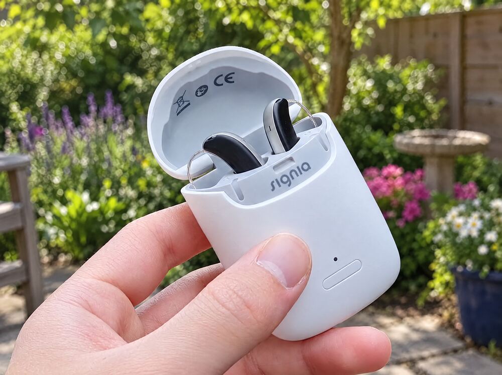 Signia hearing aids in their charging case, ready for service or repair at AUDIO-LOGIC, PC in Columbus, NE