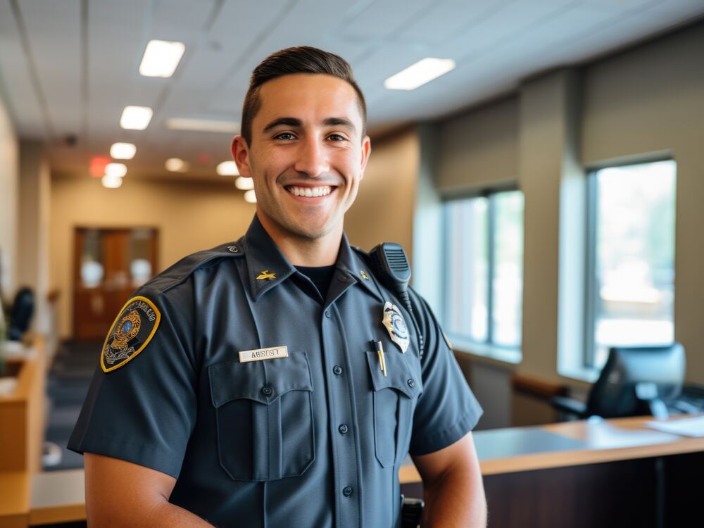 Smiling police officer in uniform, eligible for free hearing tests through the Public Servant Hearing Plan at AUDIO-LOGIC, PC in Columbus, NE