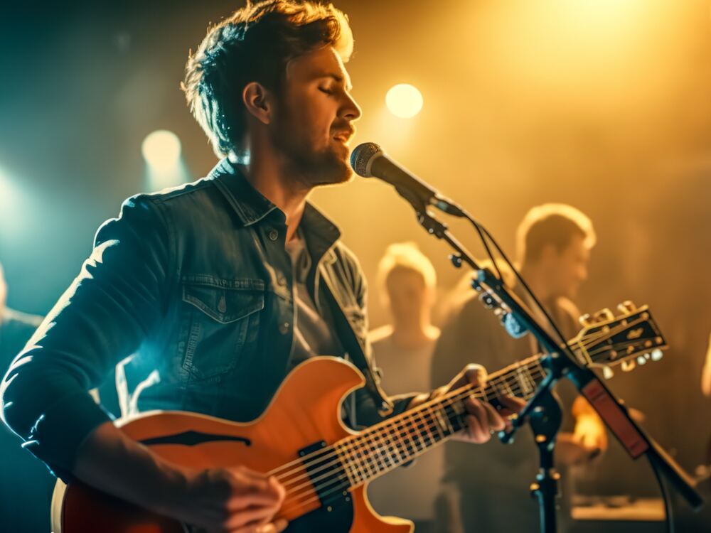 Musician singing and playing guitar on stage, protected by custom in-ear monitors from AUDIO-LOGIC, PC in Columbus, NE