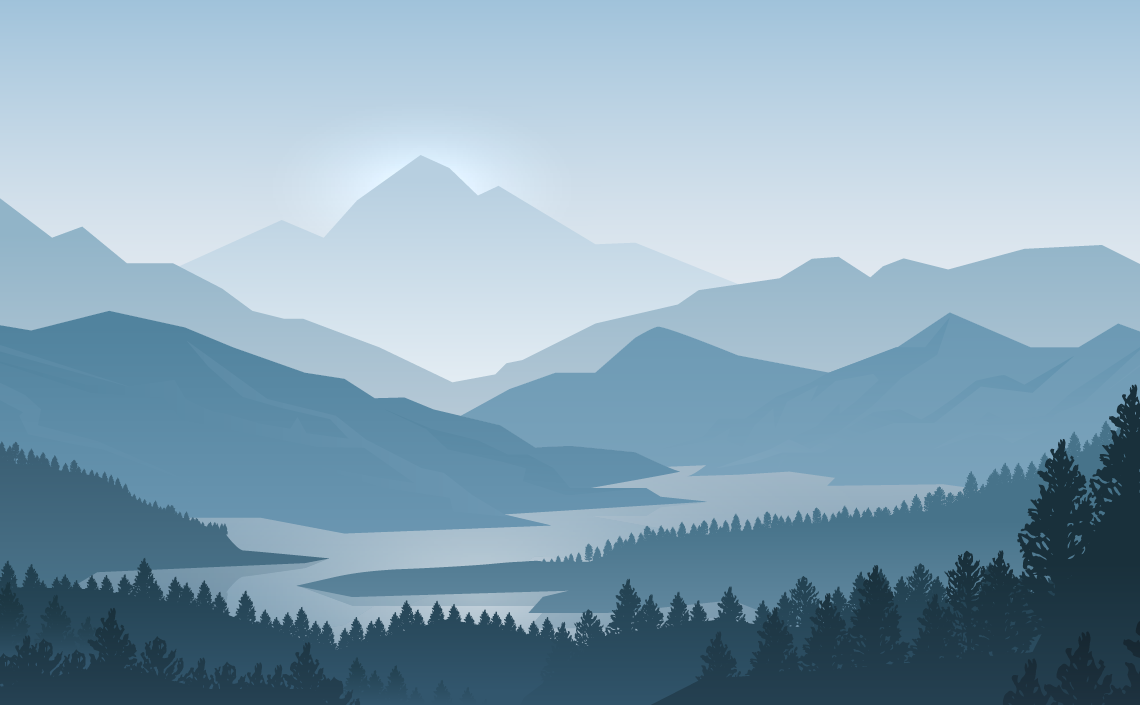 an illustration of a landscape with a mountain valley, trees, and a river